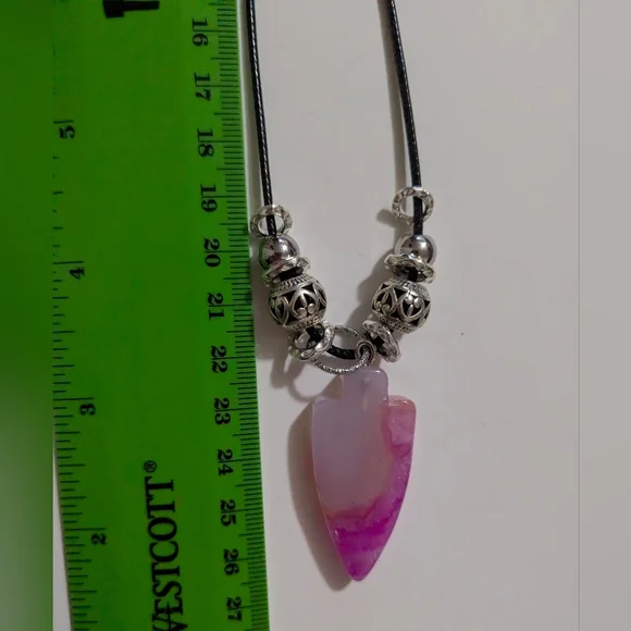 Handmade White & Pink Druzy Arrowhead Silver Beaded Necklace - Picture 6 of 14
